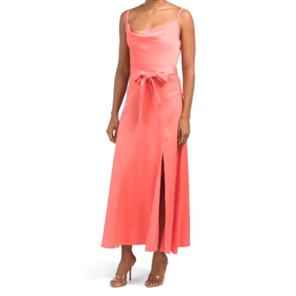 Taylor Coral Satin Cowl Maxi Dress with Waist Bow
